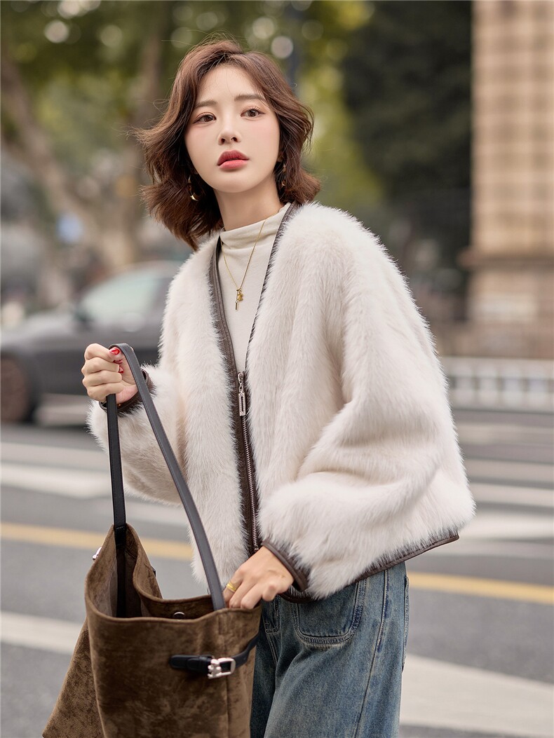 （bao款现货已出）冬季新款时尚PU皮拼接仿水貂毛皮毛一体短款,女装毛呢外套,难舍钰依