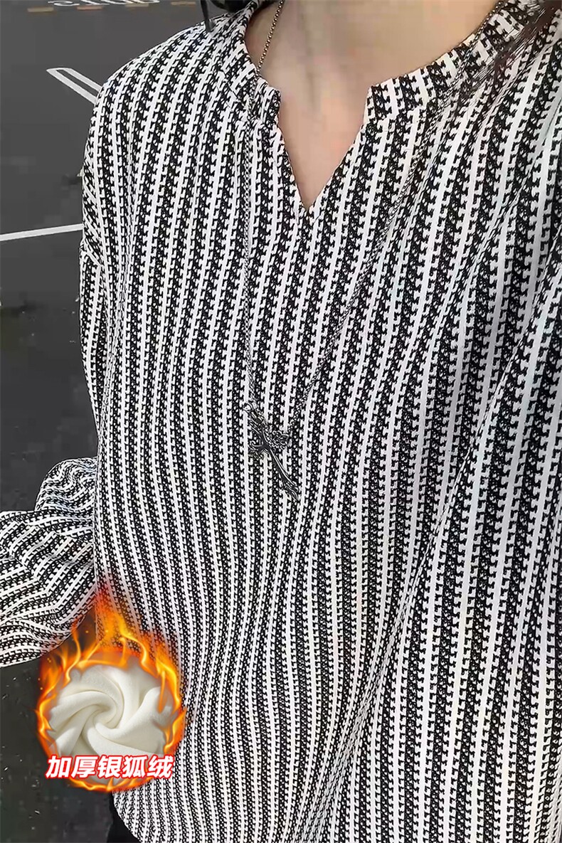 雪尼尔450g重磅鱼骨纹V领加绒银狐绒T恤男T24536J加绒-特P30控58,男装T恤,电商A001
