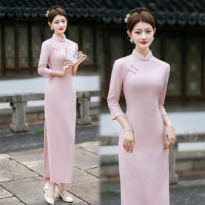 新中式风弹力网纱提花复合修身长款旗袍2552P145,女装汉服/婚纱/旗袍/礼服,乐衣轩