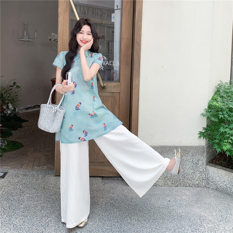 新中式国风套装女2025夏季新款高级感气质提花短袖上衣阔腿裤套装,女装套装/套裙,2B219