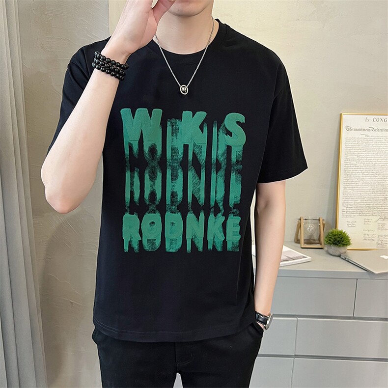 夏季发泡印花社会小伙轻熟风短袖休闲圆领时尚修身T恤T2309-P45图片