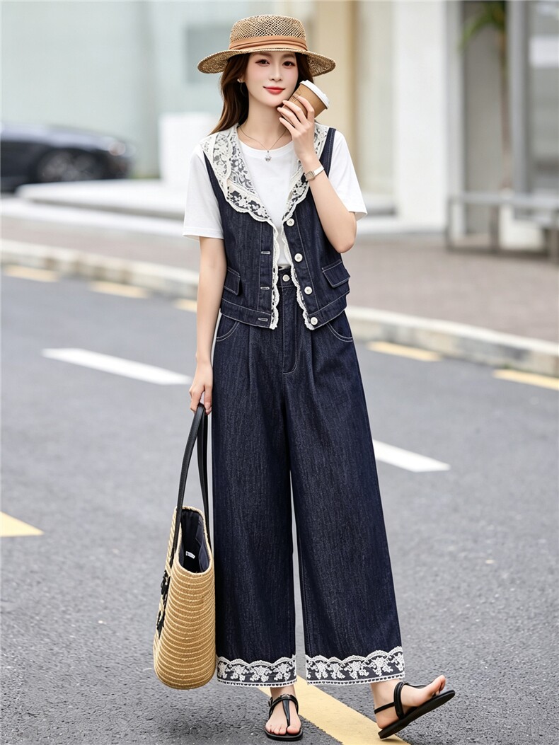 现货牛仔套装女2026夏季新款高级感韩里韩气蕾丝马甲阔腿裤穿搭,女装套装/套裙,艾仟回(原伊仟回)