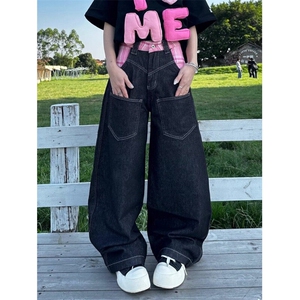 CP1215-P55 美式粉格拼接廓形弯刀牛仔裤女2025设计感宽松阔腿裤图片