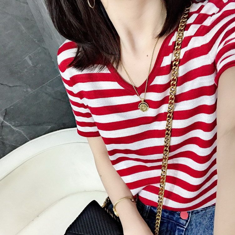 拼色冰丝黑白条纹针织短袖女夏季薄款V领宽松上衣T恤百搭半袖打底，女装针织衫/毛衣，百纯羊绒