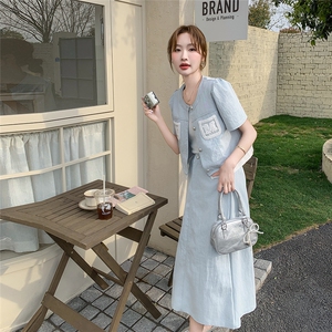 2025年夏季新款时尚圆领气质显瘦短袖外套套装半身裙两件套女图片