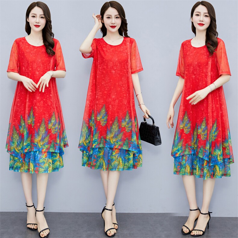 2023夏季女装新款大量现货定位花冰丝网孔洋气大码妈妈连衣裙，女装大码女装，魅衣本色