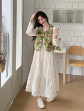 超好看提花马甲连衣裙套装女2025春季新款法式设计感仙女裙两件套，女装套装/套裙，浙宝301
