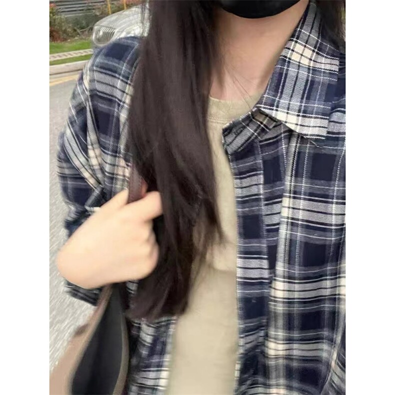 TC793-P45藏蓝色复古格纹衬衣美式休闲长袖上衣男女款高级百搭，男装衬衫，星座617A-2