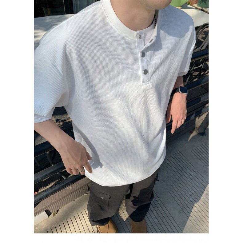 夏季华夫格短袖T恤黑白纯色男款时尚简约潮牌短袖,男装T恤,星座1013