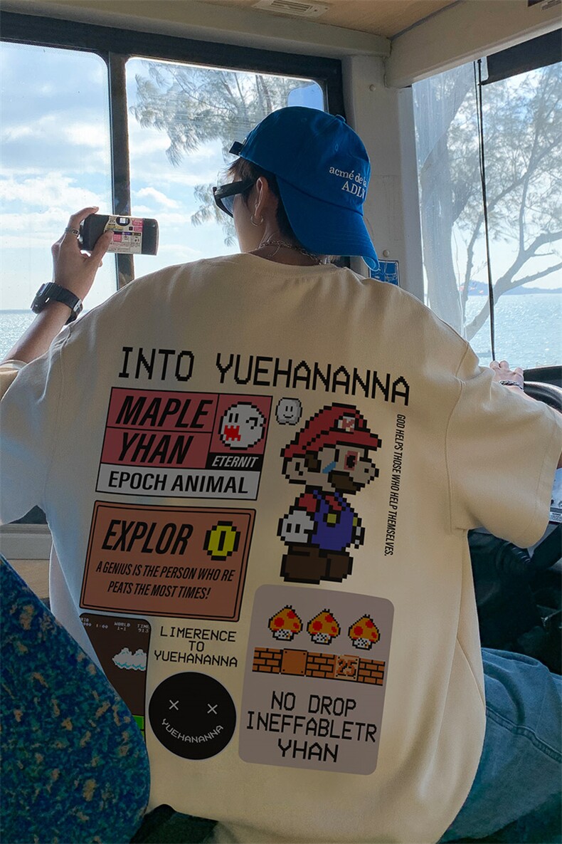 超级玛丽美式复古短袖t恤男高街潮牌潮流320g重磅oversize夏7分袖,男装T恤,电商019-1