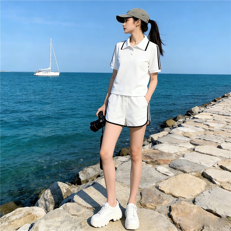 高品质运动休闲套装女夏新款纯色撞色拼接翻领短袖上衣短裤两件套,女装套装/套裙,江南