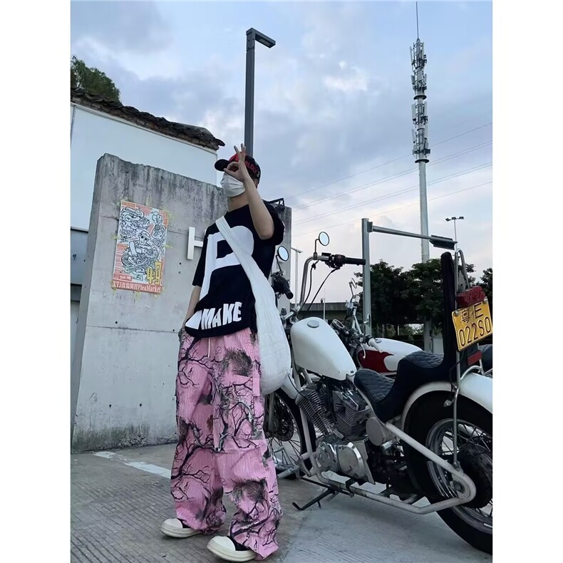 NO2025美式复古树枝涂鸦休闲裤男女宽松迷彩印花口袋直筒裤,男装休闲裤,四季星座505