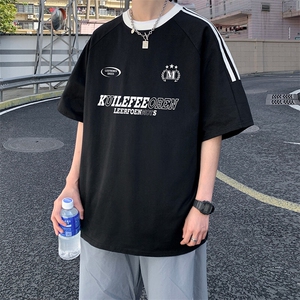 夏季美式高街重磅纯棉三条杠织带撞色男女短袖T恤ZD650-特P30