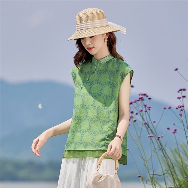 新中式国风巨好看女2025夏新款气质提花无袖上衣阔腿裤，女装衬衫，慕依路