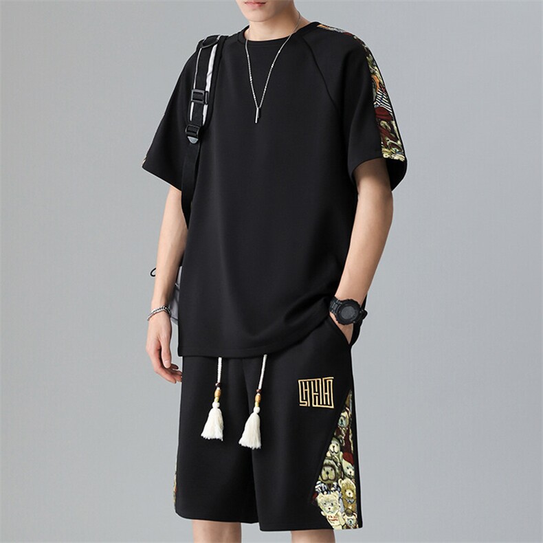 刺绣休闲运动套装短裤夏季T恤套装拼接两件套潮A266-TZ9958-P50,男装牛仔裤,电商A266