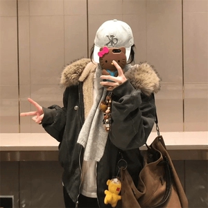 现货重磅boxy短款棉衣座山雕大毛毛领男女棉服水洗工装厚外套图片