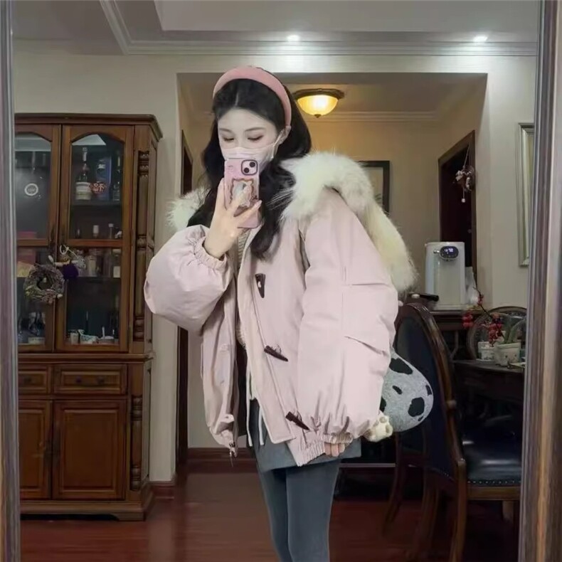 毛领牛角扣羽绒服女2025新款美式复古保暖棉衣外套加厚工装派克服，男装羽绒服，星座1210-1