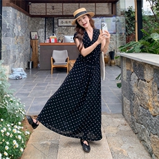 26夏装新款高弹针织印花面料V领波点连衣裙女182-8697P155K238，女装连衣裙，帛香坊