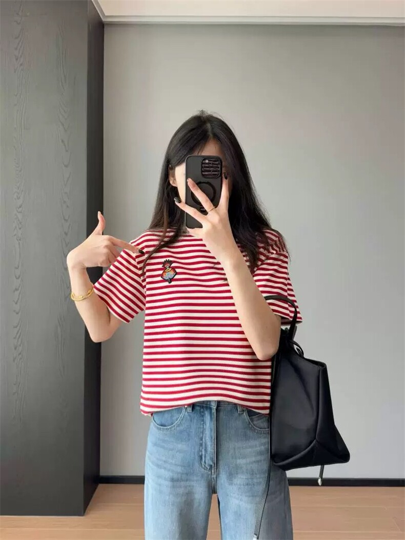 夏季新款时尚气质百搭简约女士圆领条纹短袖,女装T恤,雪真羊绒