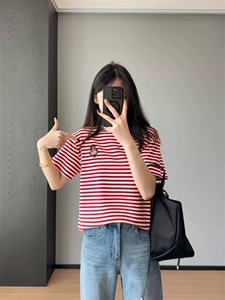 夏季新款时尚气质百搭简约女士圆领条纹短袖图片