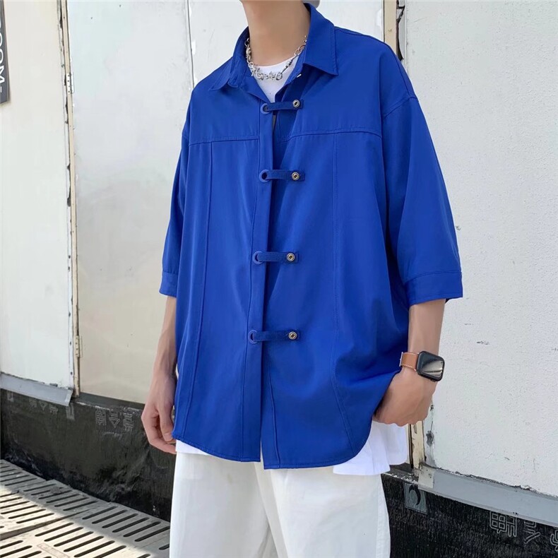 克莱因蓝潮衬衫男夏季设计感小众上衣ins冰丝七分袖C4071P28,男装衬衫,星座1116-2