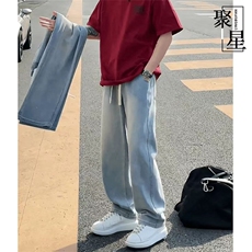 美式高街牛仔裤男女春秋2026年新款松紧腰宽松休闲直筒裤子-NS30，男装牛仔裤，星座601-1
