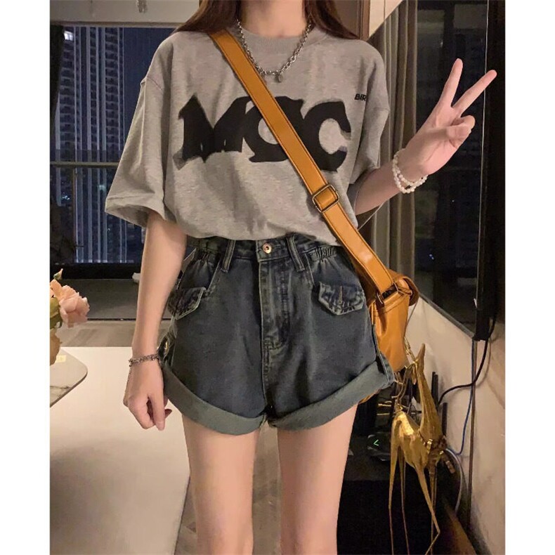 美式复古蓝牛仔短裤2025新款夏季薄款宽松显瘦小个子阔腿热裤，女装牛仔裤，星座506A