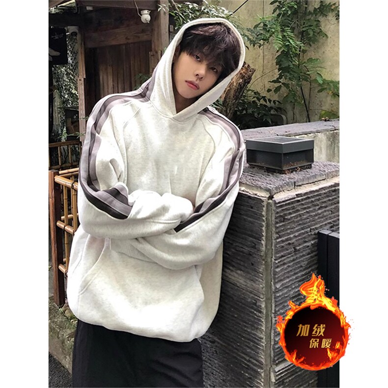 2024春秋重磅条纹拼接连帽卫衣男款美式街头国潮宽松帽衫套头外套，男装卫衣，电商A486