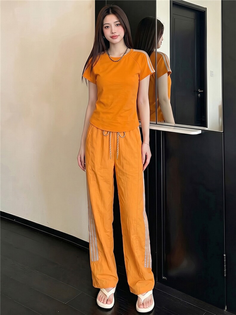 女夏季新款时尚休闲运动套装圆领短袖上衣竖纹拼接阔腿长裤两件套,女装套装/套裙,江南