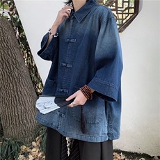 风水洗做旧牛仔衬衫外套男生夏季宽松复古盘扣短袖衬衣，男装衬衫，星座716-3