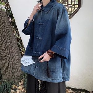 风水洗做旧牛仔衬衫外套男生夏季宽松复古盘扣短袖衬衣图片