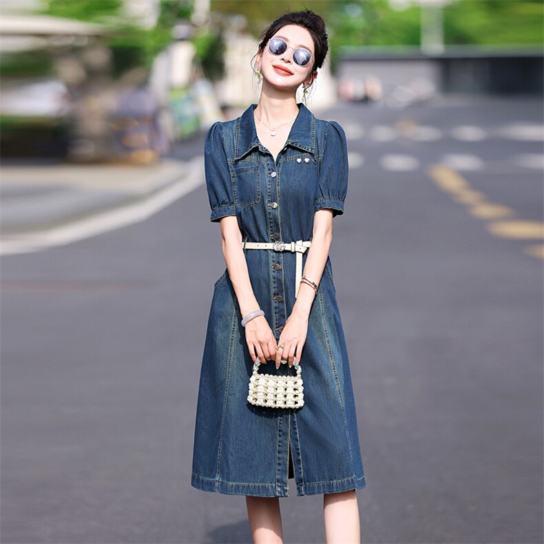 薄款牛仔连衣裙女2025新款夏季独特气质复古显瘦高级感衬衫裙收腰,女装连衣裙,意芙