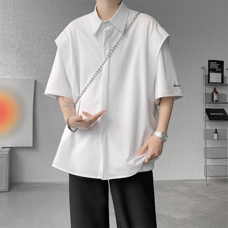 8XL-M假两件垂感冰丝短袖衬衫大码夏季凉感小众设计衬衣DC5003P55,男装衬衫,电商B238
