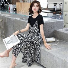 小花家2023流行韩版修身T恤拼设计感开衩吊带雪纺连衣裙女两件套，女装套装/套裙，E百度