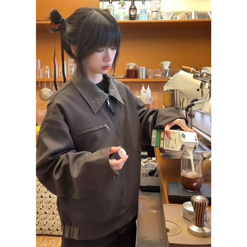 春新款韩版潮流百搭夹克外套翻领宽松休闲简约纯色上衣 J9002图片