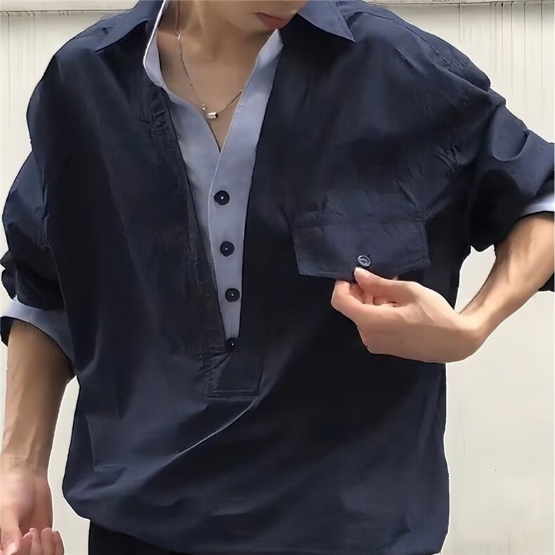 老钱风假两件V领衬衫男女春秋慵懒风设计感宽松穿搭拼接工装外套,男装衬衫,星座302B