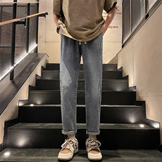 水洗复古直筒牛仔裤男港风宽松阔腿长裤夏，男装牛仔裤，电商A409-1