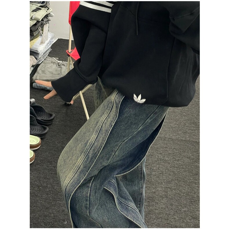 高级感拼接牛仔裤男宽松高街阔腿垂感直筒裤长裤N3025,男装牛仔裤,星座1116A（原606A-3）