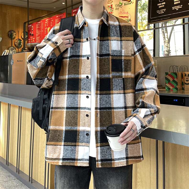 春季小香风衬衫翻领男大皂大码宽松痞帅外套格子衬衣A012/856Tp35,男装衬衫,电商A012