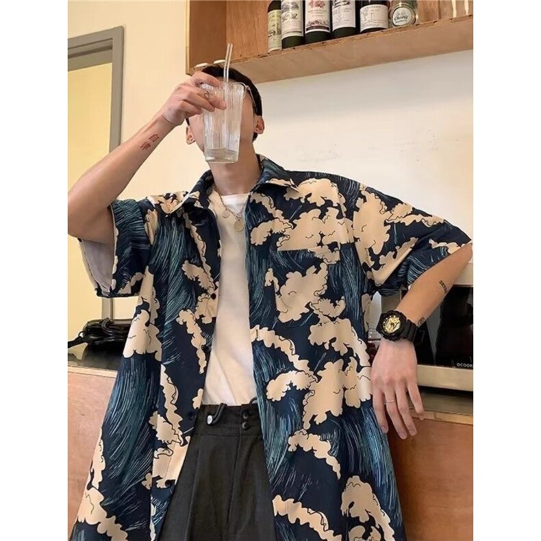 港风潮牌浪花短袖衬衫男装夏季日系宽松休闲百搭衬衣,男装T恤,星座1210-1