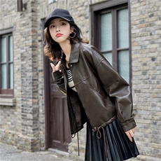 复古机车风短款皮衣外套女2025秋季新款小个子宽松翻领PU夹克上衣，女装皮衣，英标秀（1C119）
