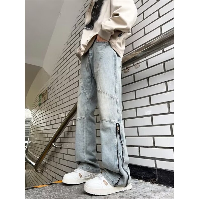 美式复古拉链牛仔裤男秋季新款直筒微喇裤子高街N8012-P55,男装牛仔裤,星座1109-3