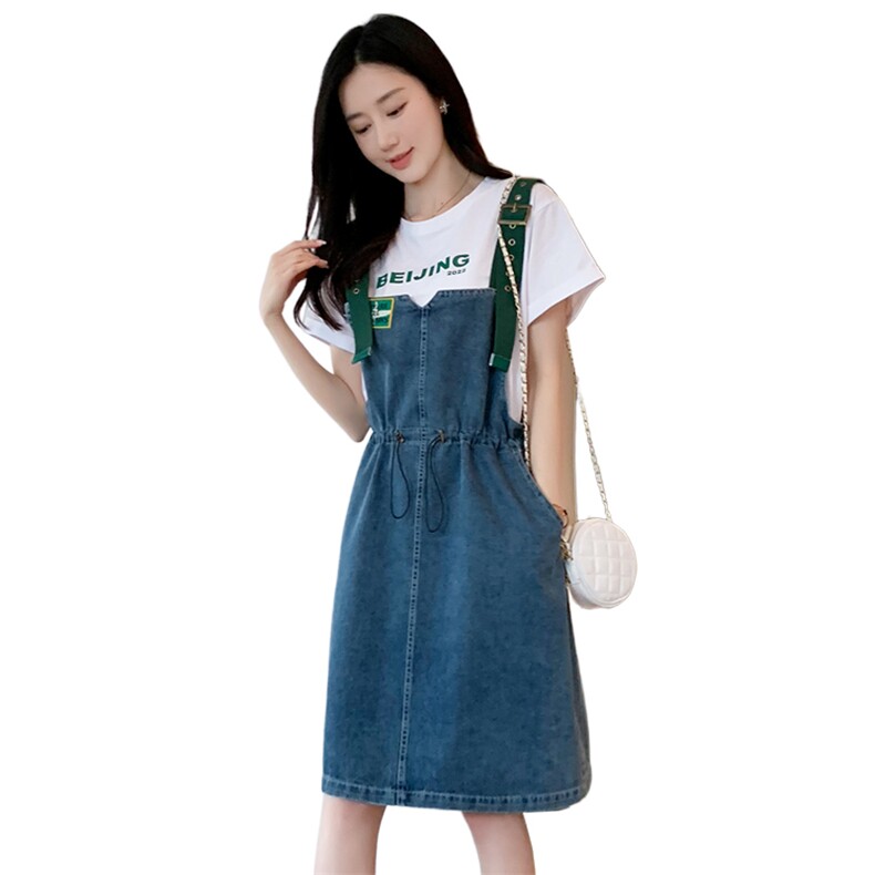 背带裙套装韩版通勤牛仔裙女夏新款连衣裙印花套头休闲韩版中长款,女装连衣裙,梦懿尔