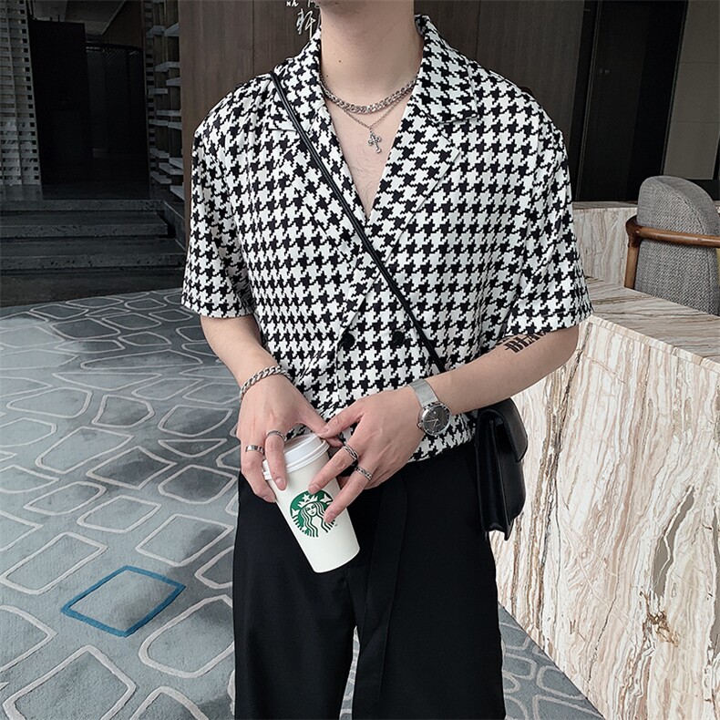 夏季潮男抖音高级感千鸟格网红短袖痞帅衬衫男CS295-P58控75,男装T恤,电商B267