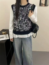 2025年秋季时尚百搭通勤简约休闲水墨画圆领马甲，女装马甲，暖姿羊绒