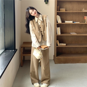 套装裤卡其色刺绣马甲衬衫阔腿裤三件套女秋图片