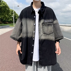 刺绣渐变牛仔衬衫男短袖夏季美式高街小众潮牌衬衣外套CS982P55，男装衬衫，星座410-2