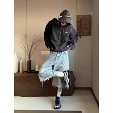 解构毛边牛仔短裤男女夏季宽松休闲水洗小众阔腿七分裤D007，男装牛仔裤，星座1116A（原606A-3）