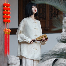 潮风中性海水江崖（竹福）系列铜竹叶铜扣盘扣立领宽松长袖衬衫，男装衬衫，星座305A（原312A-1）