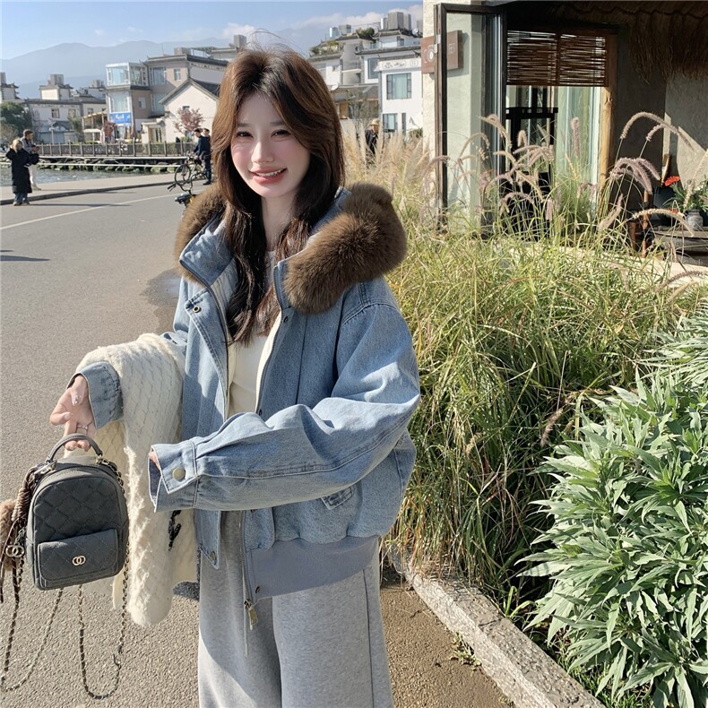 美式复古宽松加绒保暖羽绒内胆连帽牛仔外套女可拆卸毛领宽松夹克，女装羽绒服，艾米莉亚